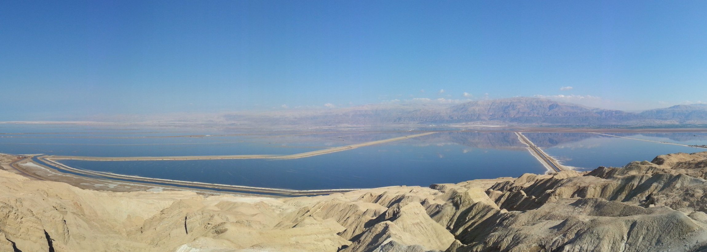 The Dead Sea pools and the Mountains of Moab, Israel.