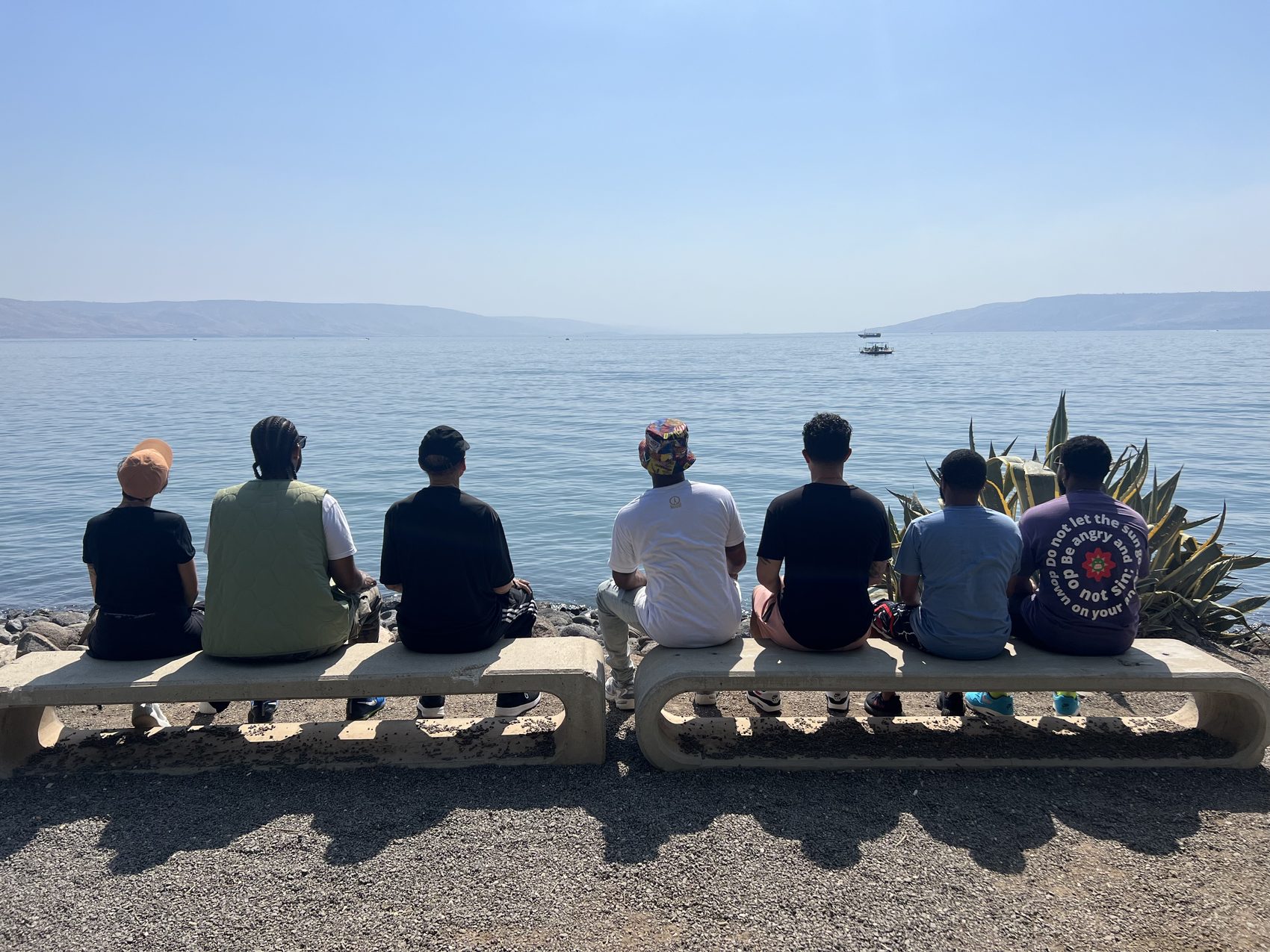 A tour group looking out over the Sea of Galilee in northern Israel