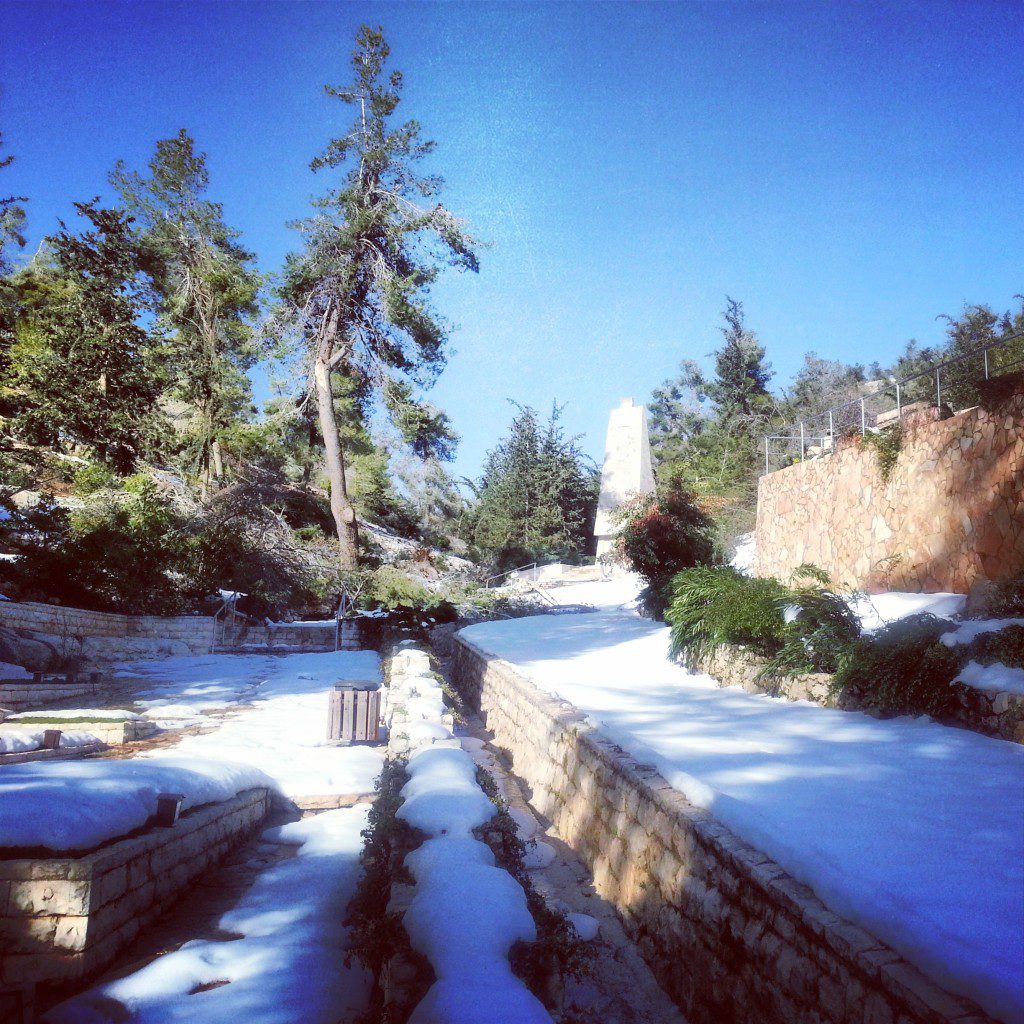 Snow-covered Kiriat Anavim Cemetery for the Harel Brigade