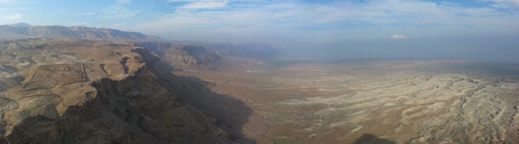 View north from Masada towards Ein Gedi and the Dead Sea. Note the remains of the Roman camp on the left.