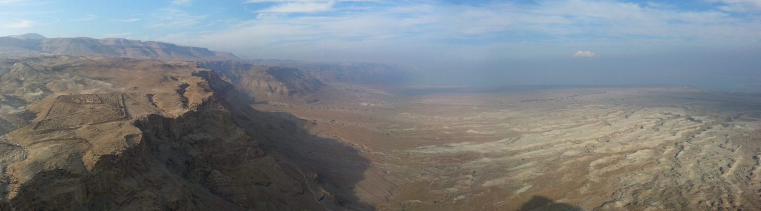 View north from Masada towards Ein Gedi and the Dead Sea. Note the remains of the Roman camp on the left.