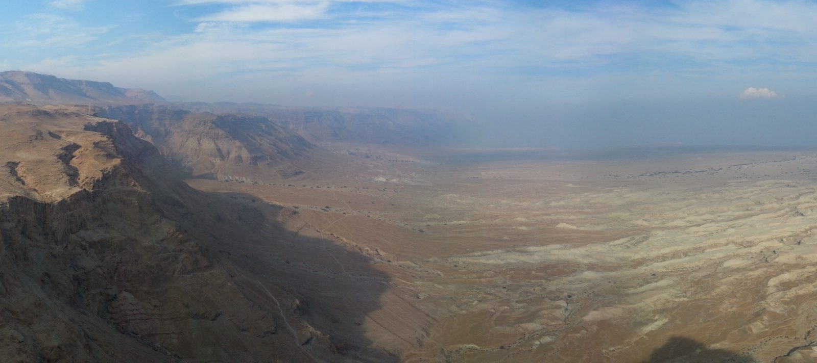 View north from Masada towards Ein Gedi and the Dead Sea. Note the remains of the Roman camp on the left.