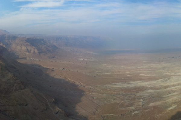 View north from Masada towards Ein Gedi and the Dead Sea. Note the remains of the Roman camp on the left.
