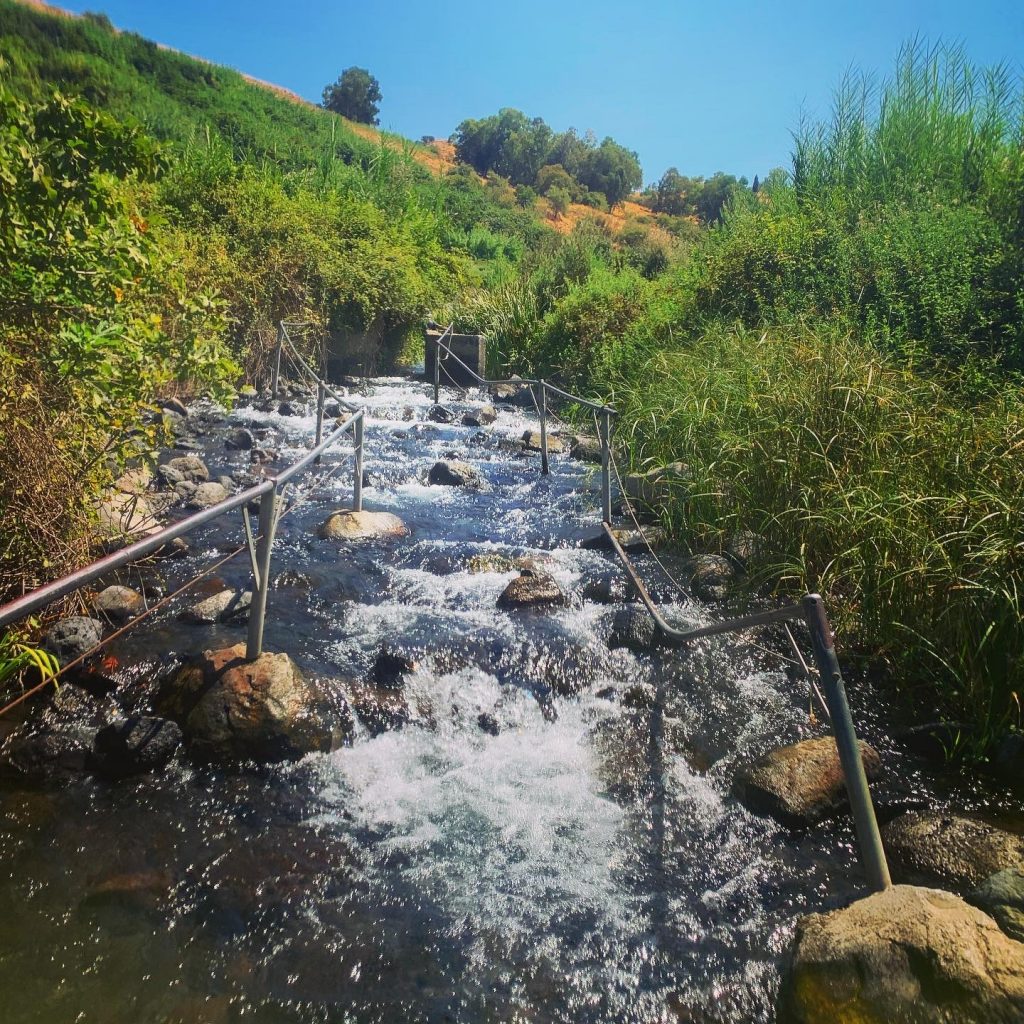 Hiking up the Ein Tina stream in the Golan Heights with the assistance of some helpful hand railings