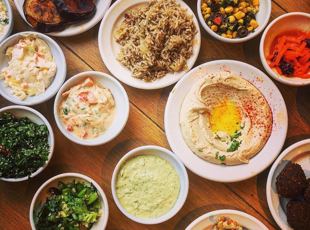 A spread of mezze dishes at a lunch stop in Jaffa