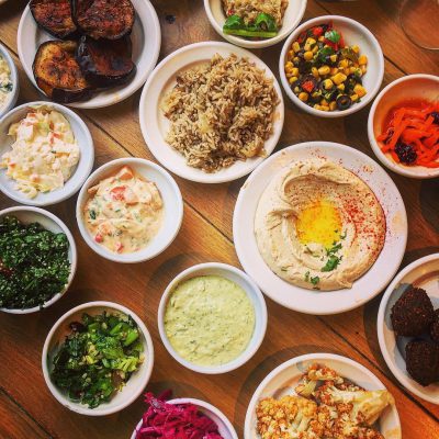 A spread of mezze dishes at a lunch stop in Jaffa