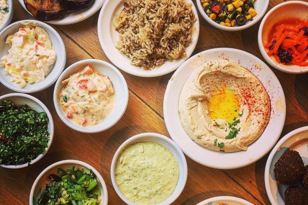 A spread of mezze dishes at a lunch stop in Jaffa