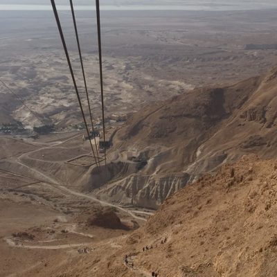 Looking down Masada’s desert cliffs from the cable car