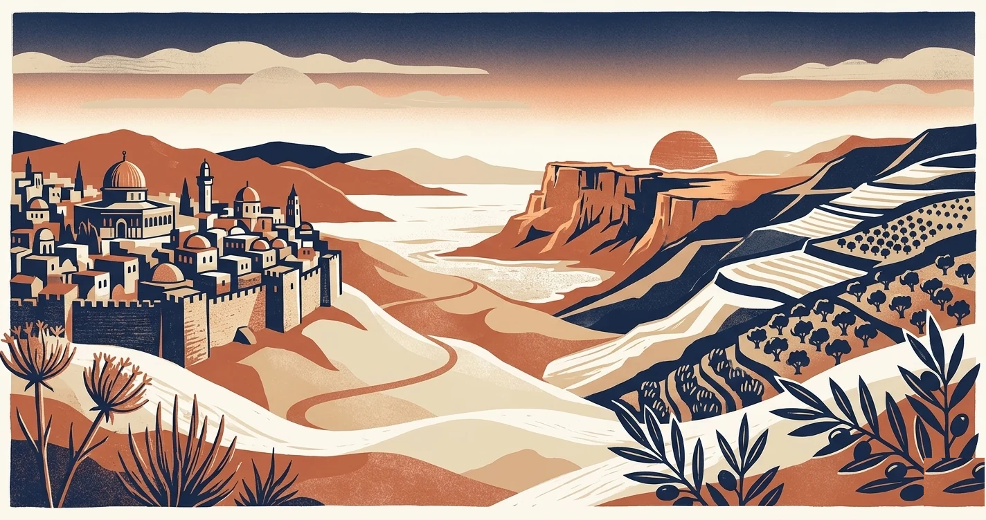Illustrated panorama of the Israeli landscape, from a hilltop town across desert hills and terraced fields at sunset.