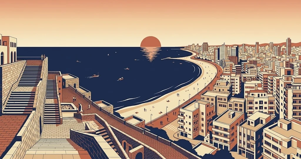 Illustration of an Israeli coastal city and bay at sunset, quiet and going about everyday life.