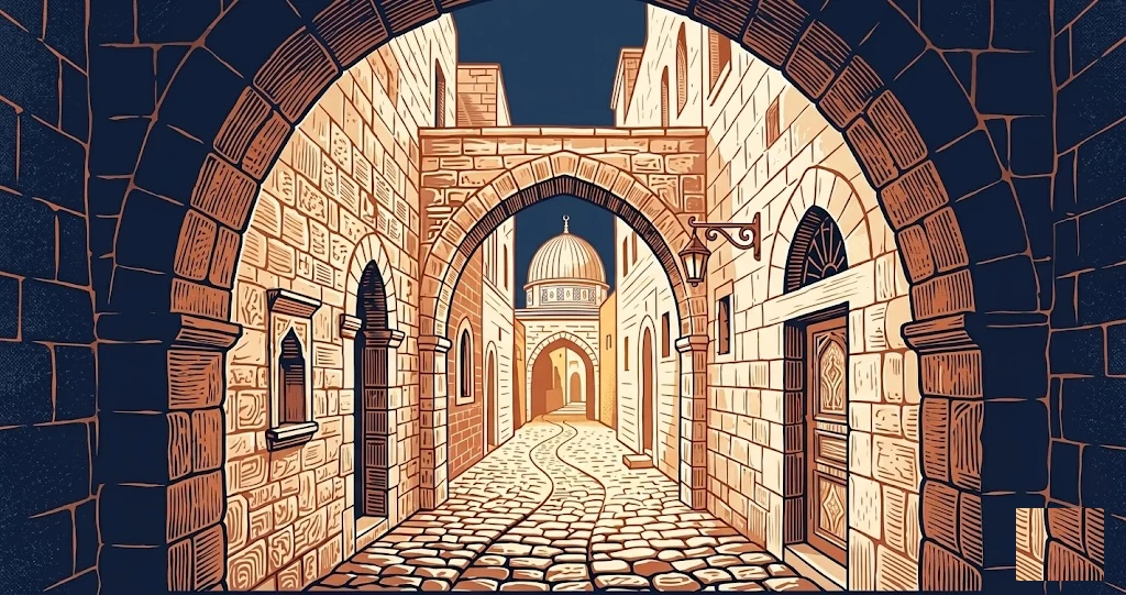 Illustration of a winding cobbled alley in Jerusalem's Old City, leading through stone arches toward the light.