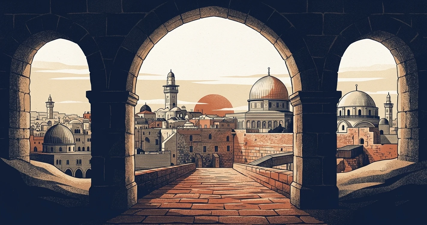 Illustration of Jerusalem's Old City, with the Dome of the Rock and a minaret, viewed through stone arches at sunset.