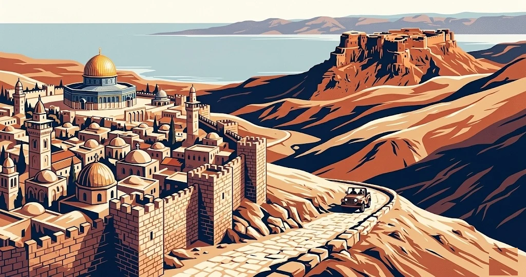 Illustration looking from Jerusalem's Old City across the Judean desert to the Dead Sea and Masada at sunset.