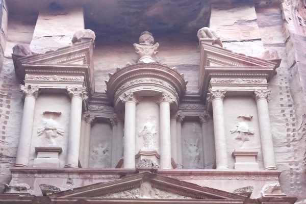 The Treasury (Al-Khazneh) carved into the rose sandstone at Petra, Jordan