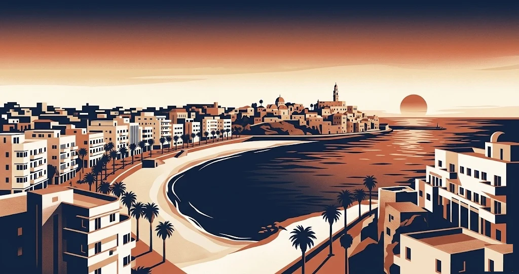 Illustration of the Tel Aviv seafront and old Jaffa at sunset, with the Mediterranean curving along the coast.