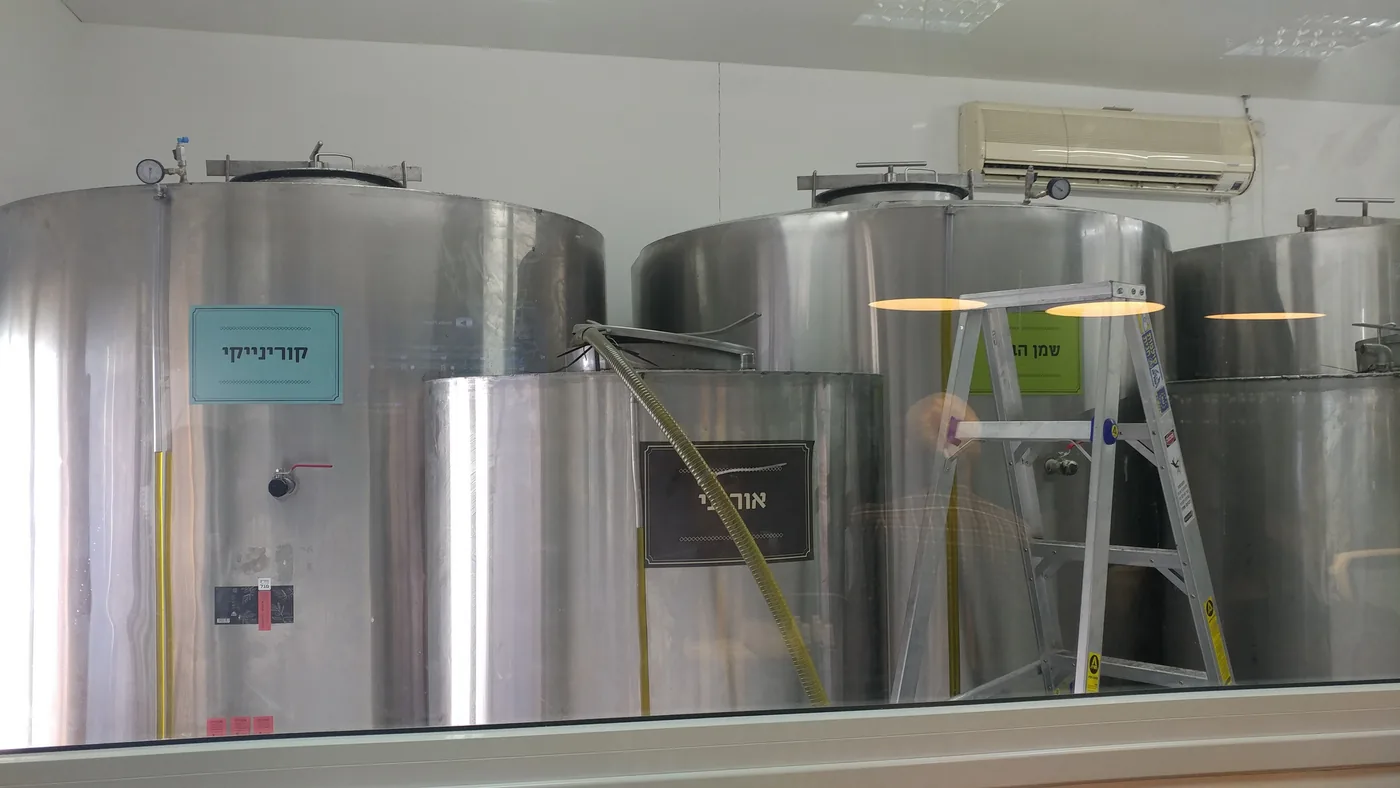 Rows of large stainless-steel storage tanks inside the Mesik olive oil factory at Kibbutz Magal