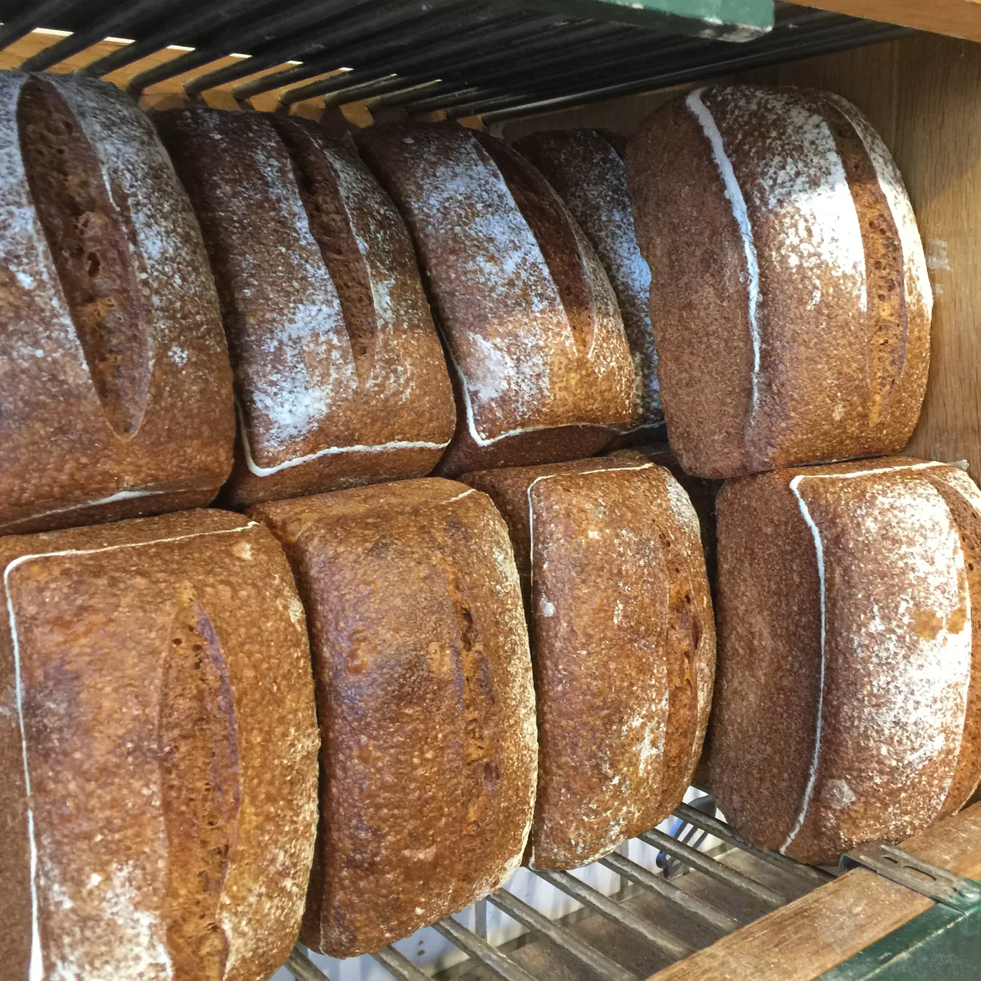 Rows of dark sourdough loaves cooling on wire racks at the Tishbi bakery
