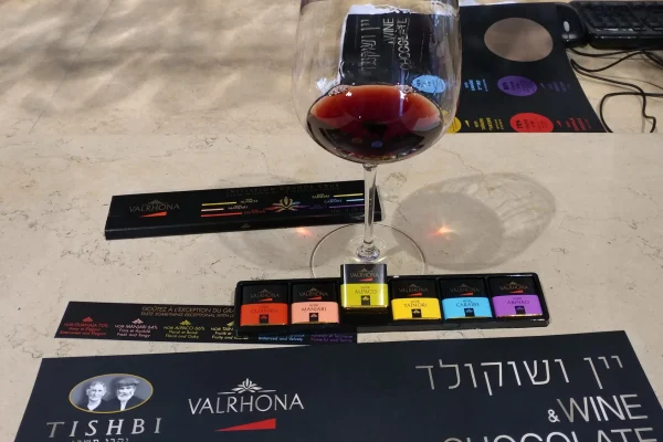 A glass of red wine beside squares of Valrhona dark chocolate on a marble tasting bar