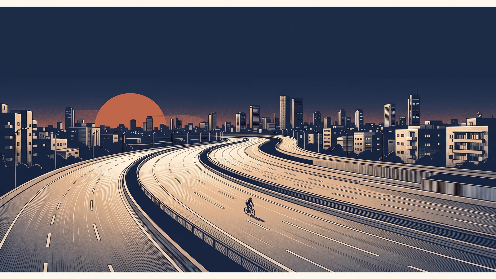 The empty Ayalon motorway in Tel Aviv at dusk with a lone cyclist, an illustration for Yom Kippur, the day the country stops.
