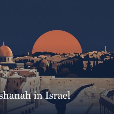 A shofar raised over Jerusalem's Old City and the Western Wall at sunset, illustrating Rosh Hashanah.