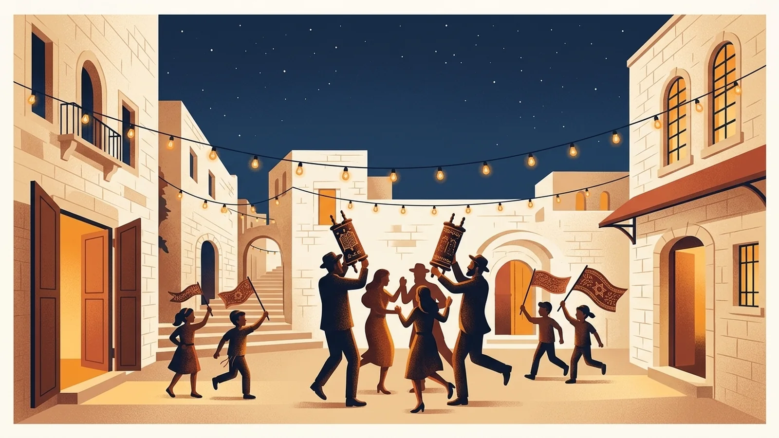 An illustrated Simchat Torah scene: people dancing with Torah scrolls and children waving flags in a Jerusalem lane at night.