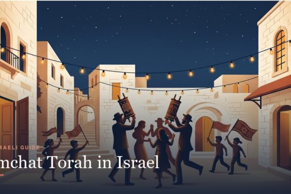 An illustrated Simchat Torah scene: people dancing with Torah scrolls and children waving flags in a Jerusalem lane at night.