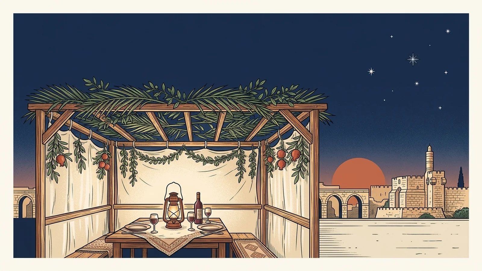 An illustrated sukkah at dusk with a branch roof and a set table, the Old City of Jerusalem behind, for Sukkot.