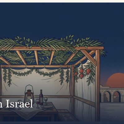 An illustrated sukkah at dusk with a branch roof and a set table, the Old City of Jerusalem behind, for Sukkot.