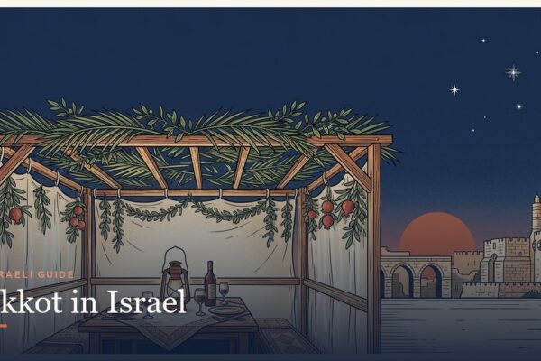 An illustrated sukkah at dusk with a branch roof and a set table, the Old City of Jerusalem behind, for Sukkot.