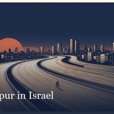 The empty Ayalon motorway in Tel Aviv at dusk with a lone cyclist, an illustration for Yom Kippur, the day the country stops.
