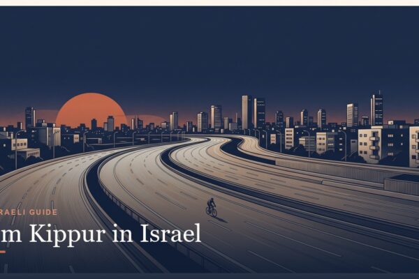 The empty Ayalon motorway in Tel Aviv at dusk with a lone cyclist, an illustration for Yom Kippur, the day the country stops.