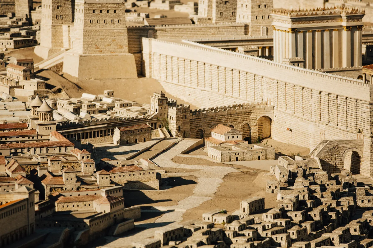 Israel Museum model of Herod's Temple Mount in Jerusalem, with the Temple rising behind the platform's massive retaining walls